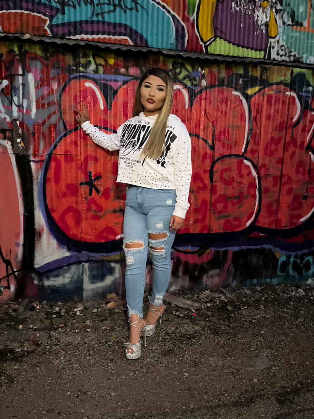 Risk Mode: Crop Top Hoodie With Rhinestone